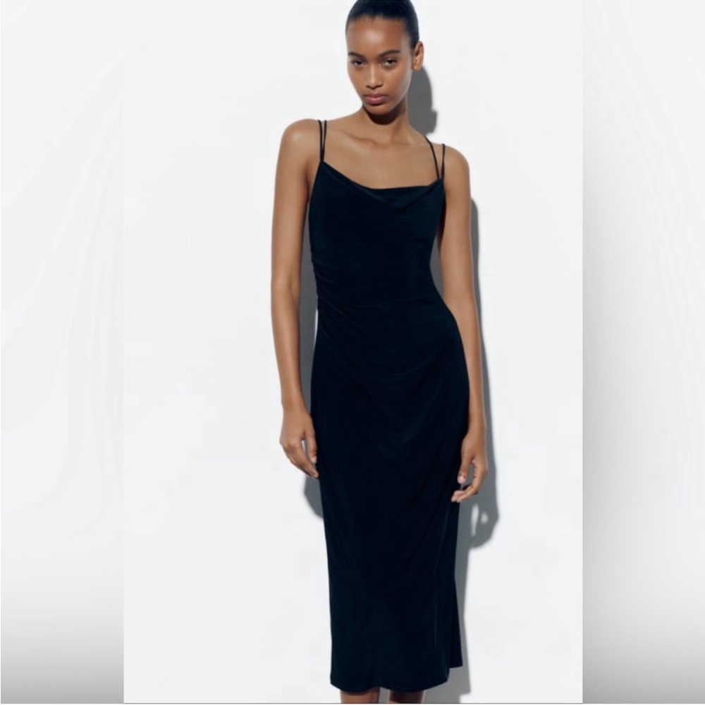 ZARA stretchy Black Slip Dress draped neckline ruched side